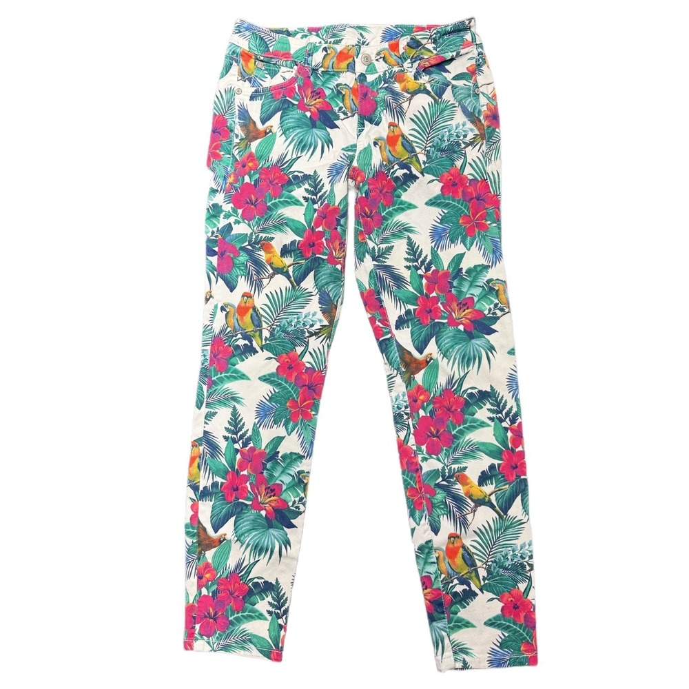 Tommy Bahama‎ Skinny Floral Parrot Print Pants Bright White Size 4